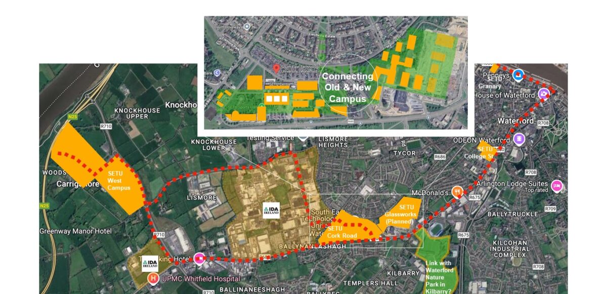 Map of Waterford, Ireland showing the location and interconnection of SETU campuses