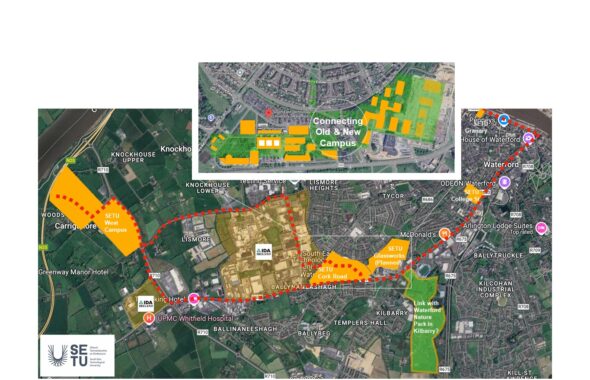 Map of Waterford, Ireland showing the location and interconnection of SETU campuses