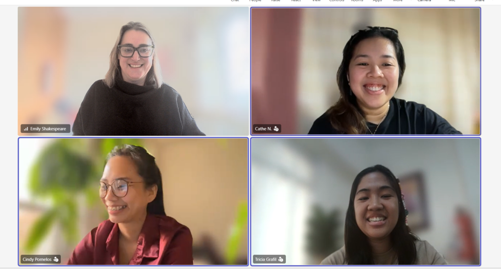 Image of four researchers in an online meeting, namely Emily Shakespeare, Cathe Nadal, Cindy Pornelos and Tricia Grafil